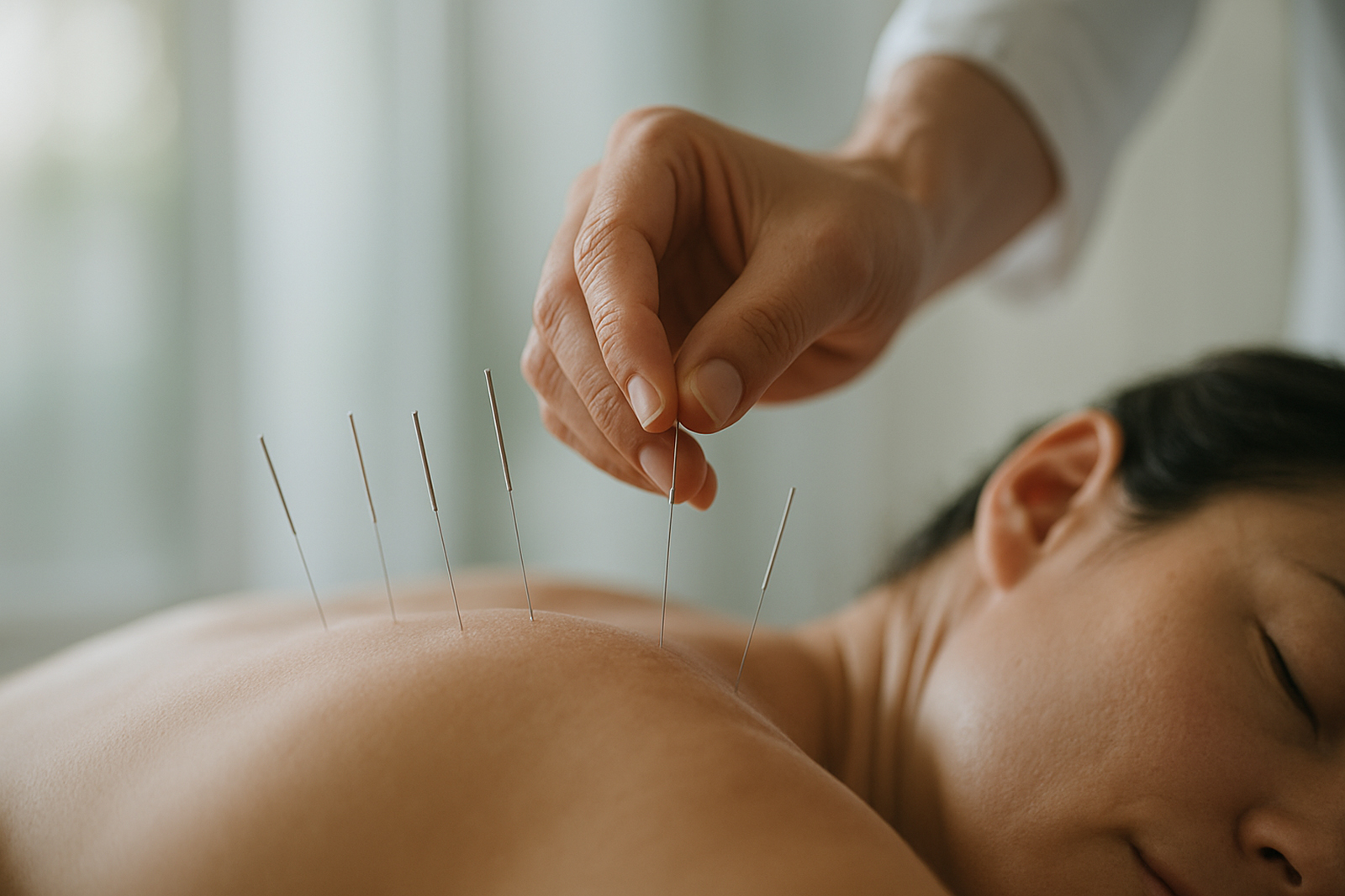 A close-up of a person receiving an acupuncture treatment, a common therapy used for holistic healing and rebalancing the body's energy.