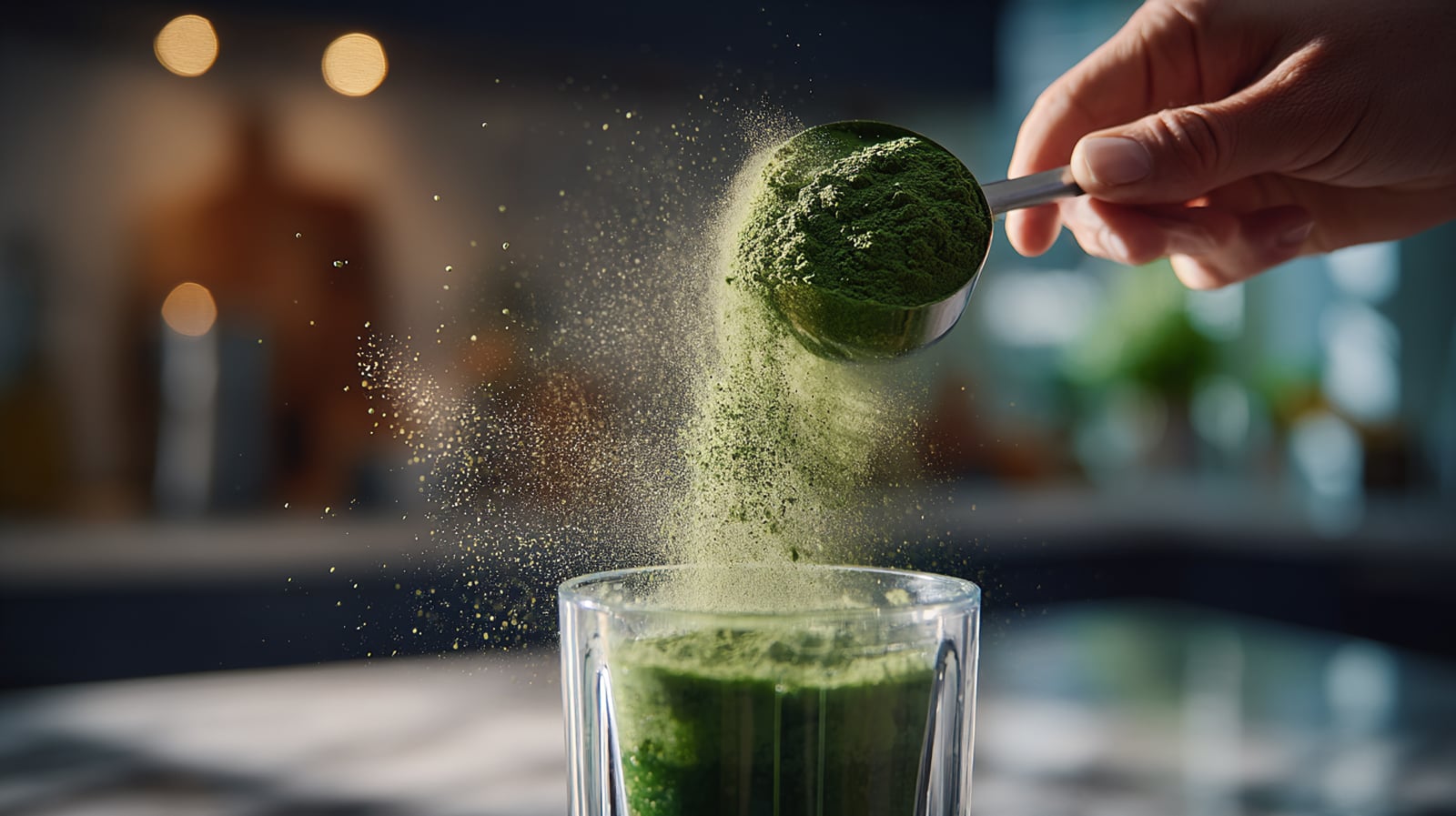Spoonful of combined spirulina and chlorella powder being added to a daily smoothie, illustrating practical use of spirulina and chlorella benefits