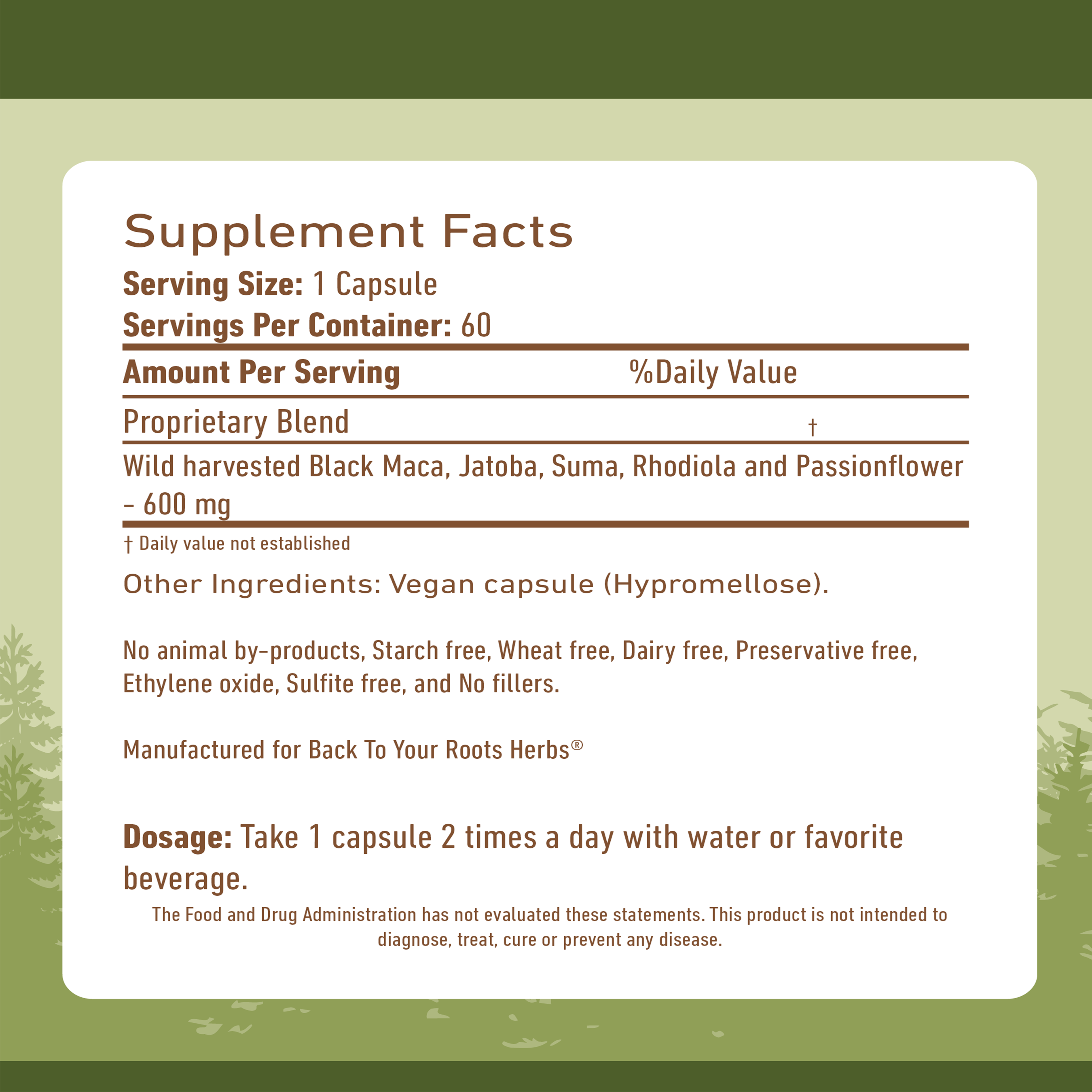 Adrenal Support Capsules Supplement facts and ingredient list for Back To Your Roots Herbs Adrenal Support Capsules.