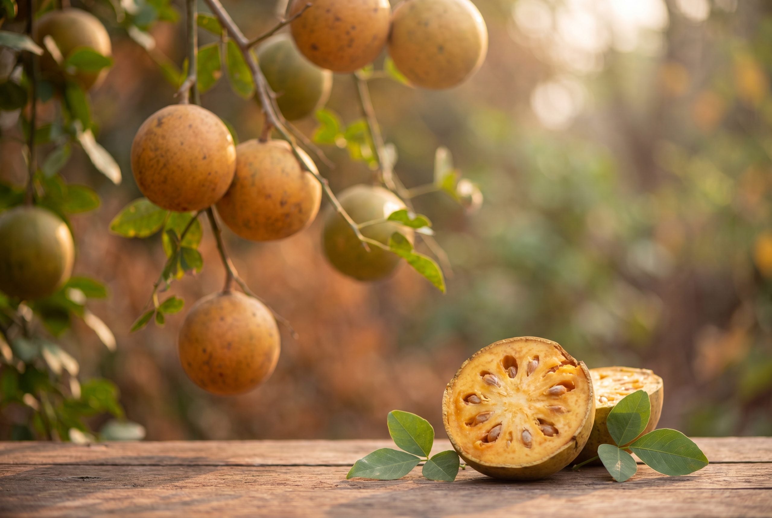 Bael tree branch with ripe Aegle marmelos fruits and a halved bael fruit showing pulp