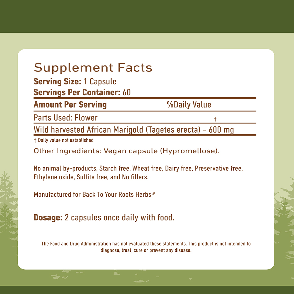 African Marigold Capsules Back To Your Roots Herbs African Marigold Capsules supplement facts - lutein and zeaxanthin supplement