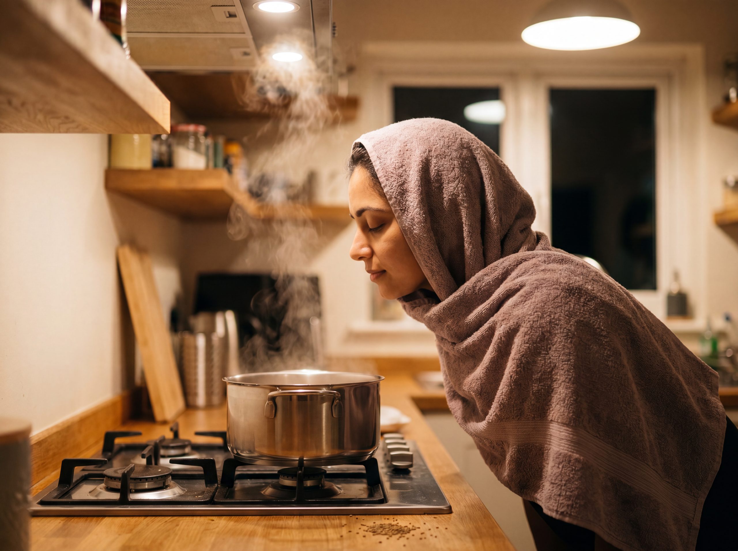 Person doing ajwain carom seed steam inhalation over a pot to ease a dry cough at home