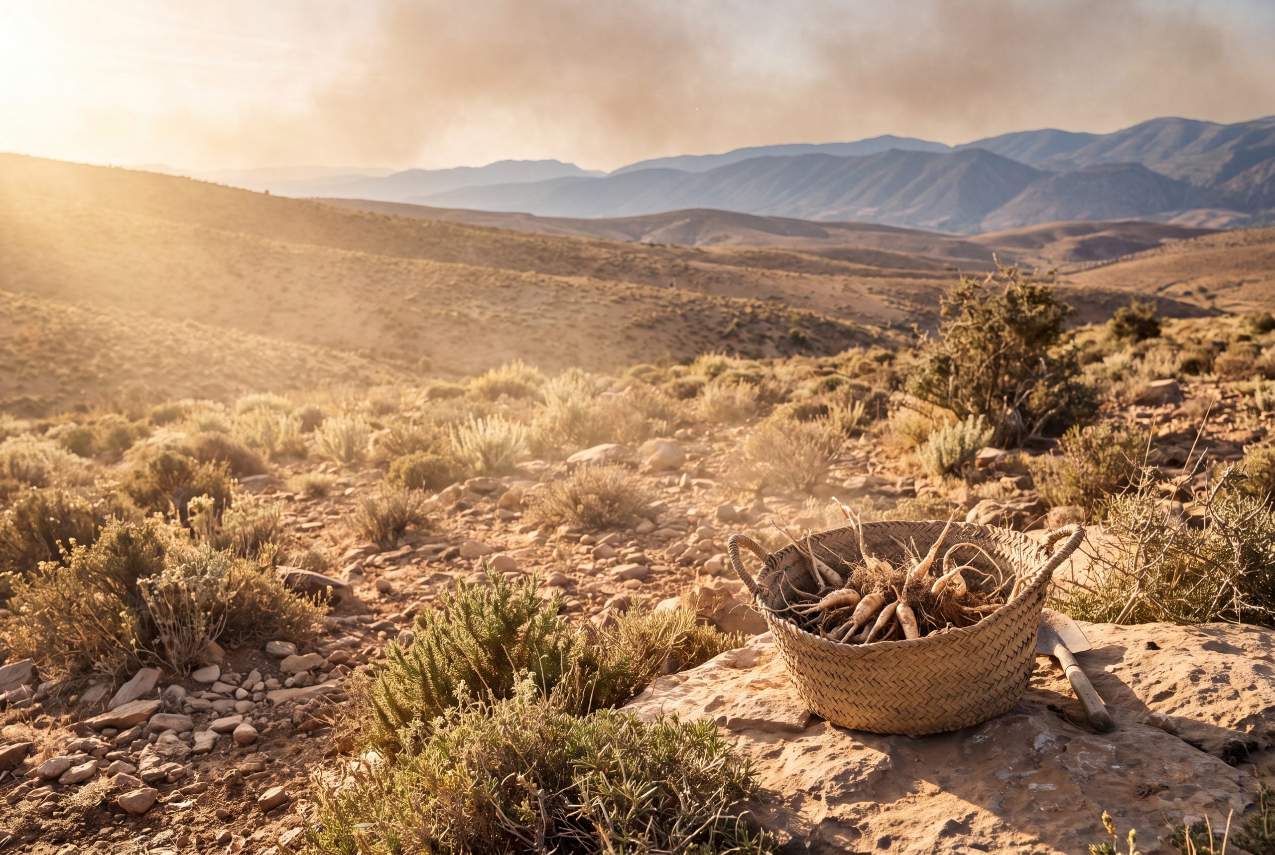 Middle Atlas foothills in Morocco with a collecting basket of freshly lifted Anacyclus pyrethrum roots