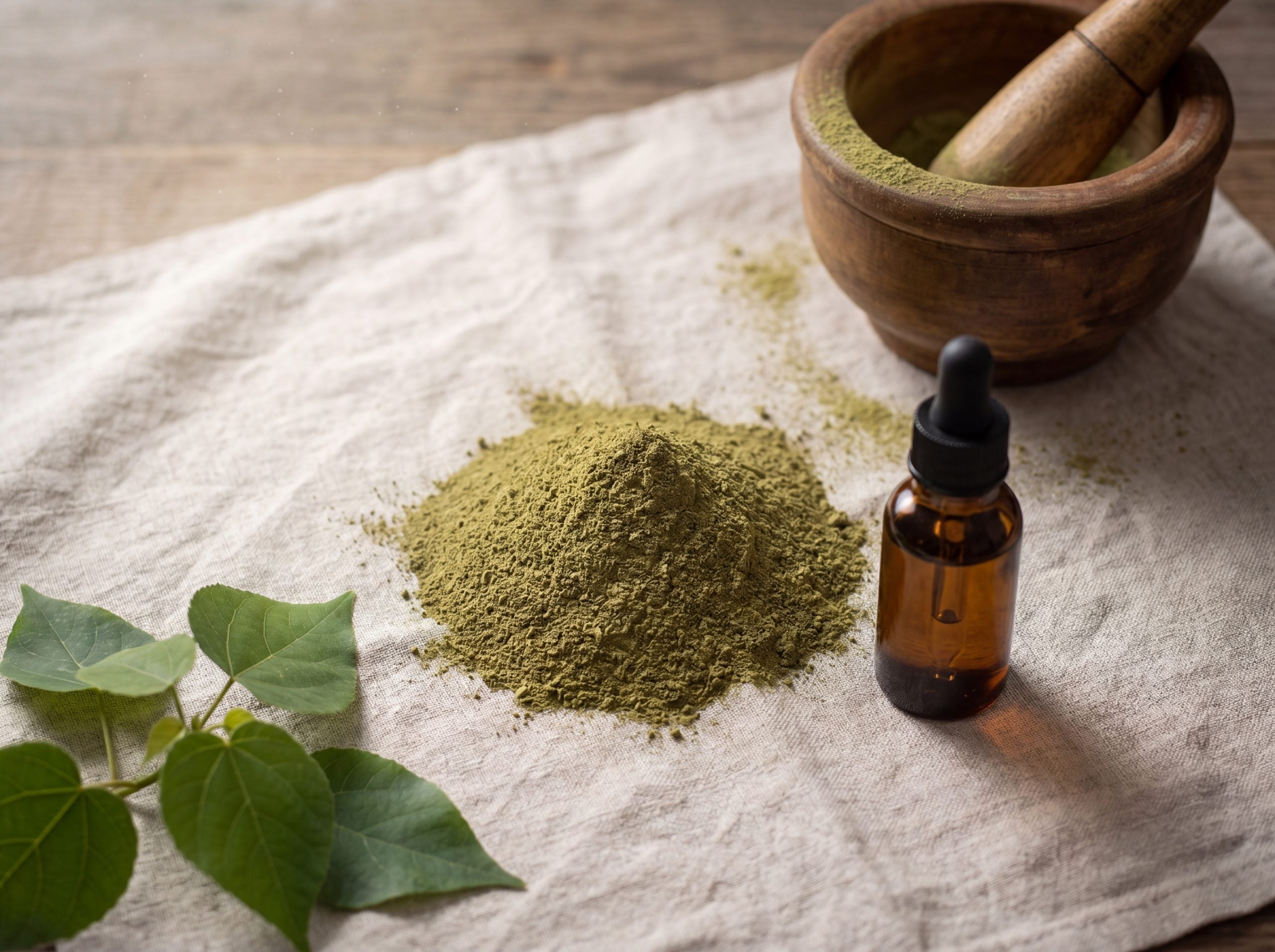 Alchornea cordifolia leaf powder and tincture preparation for healthy hair use