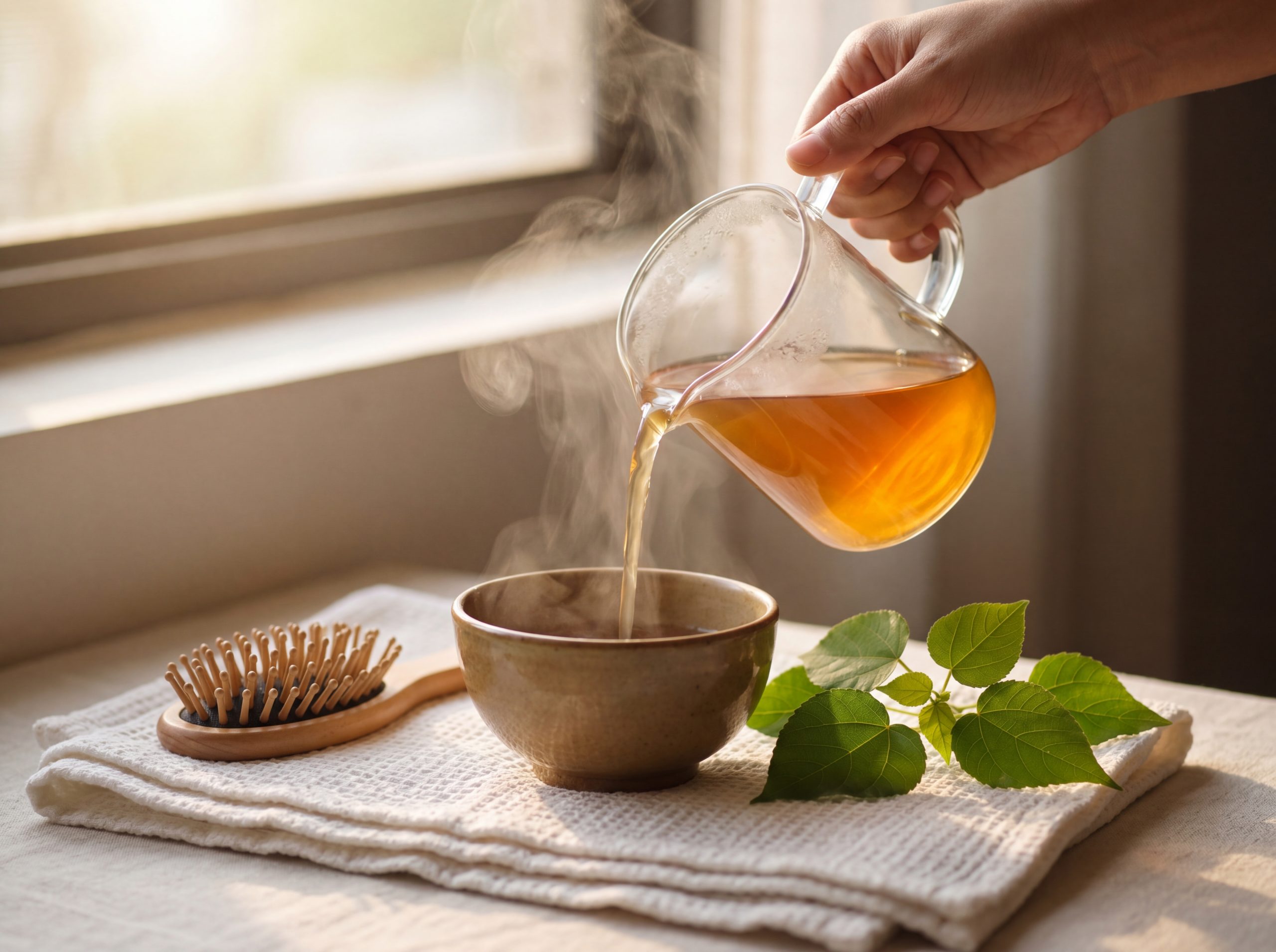 Alchornea cordifolia decoction being poured for natural hair growth scalp rinse application
