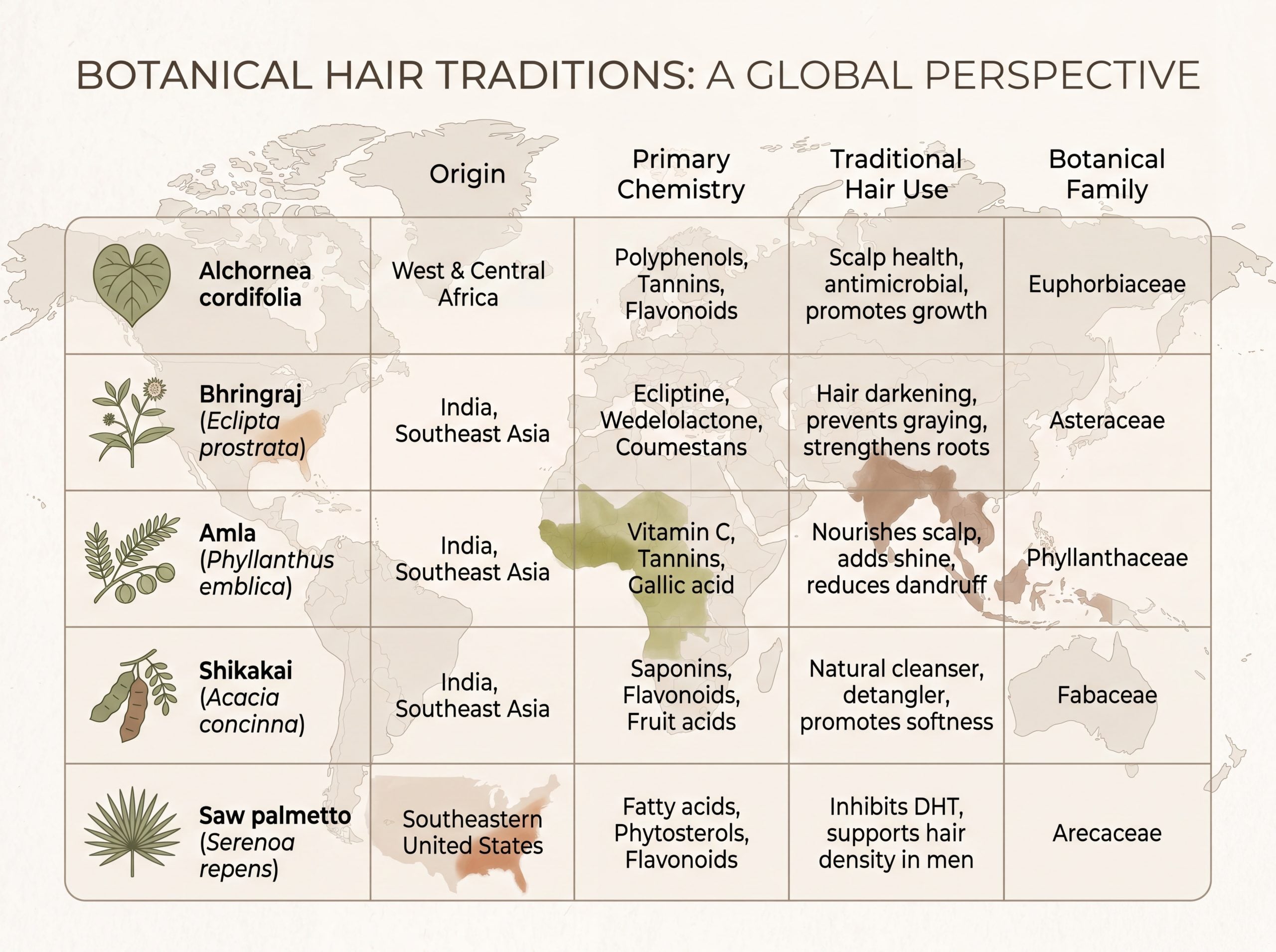 Comparison of cordifolia hair growth herbs including alchornea, bhringraj, amla, shikakai, and saw palmetto