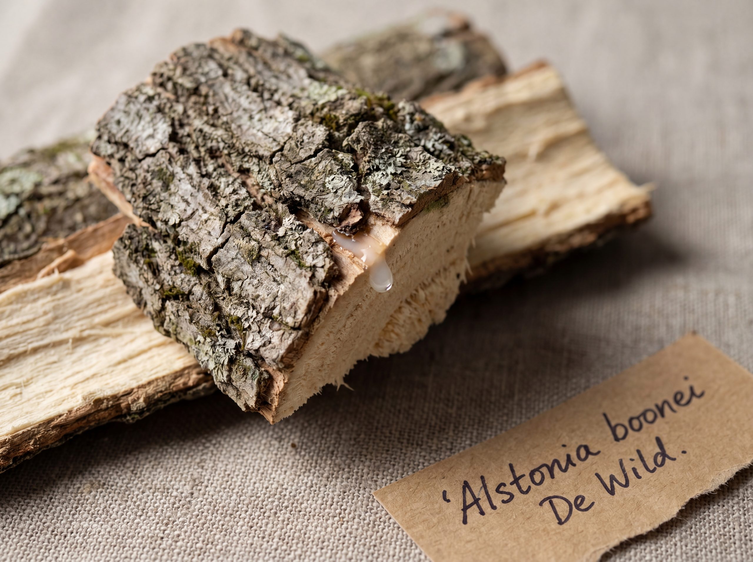 Authenticated Alstonia boonei stem bark pieces showing fissured grey-brown outer surface and inner cortex for tincture quality