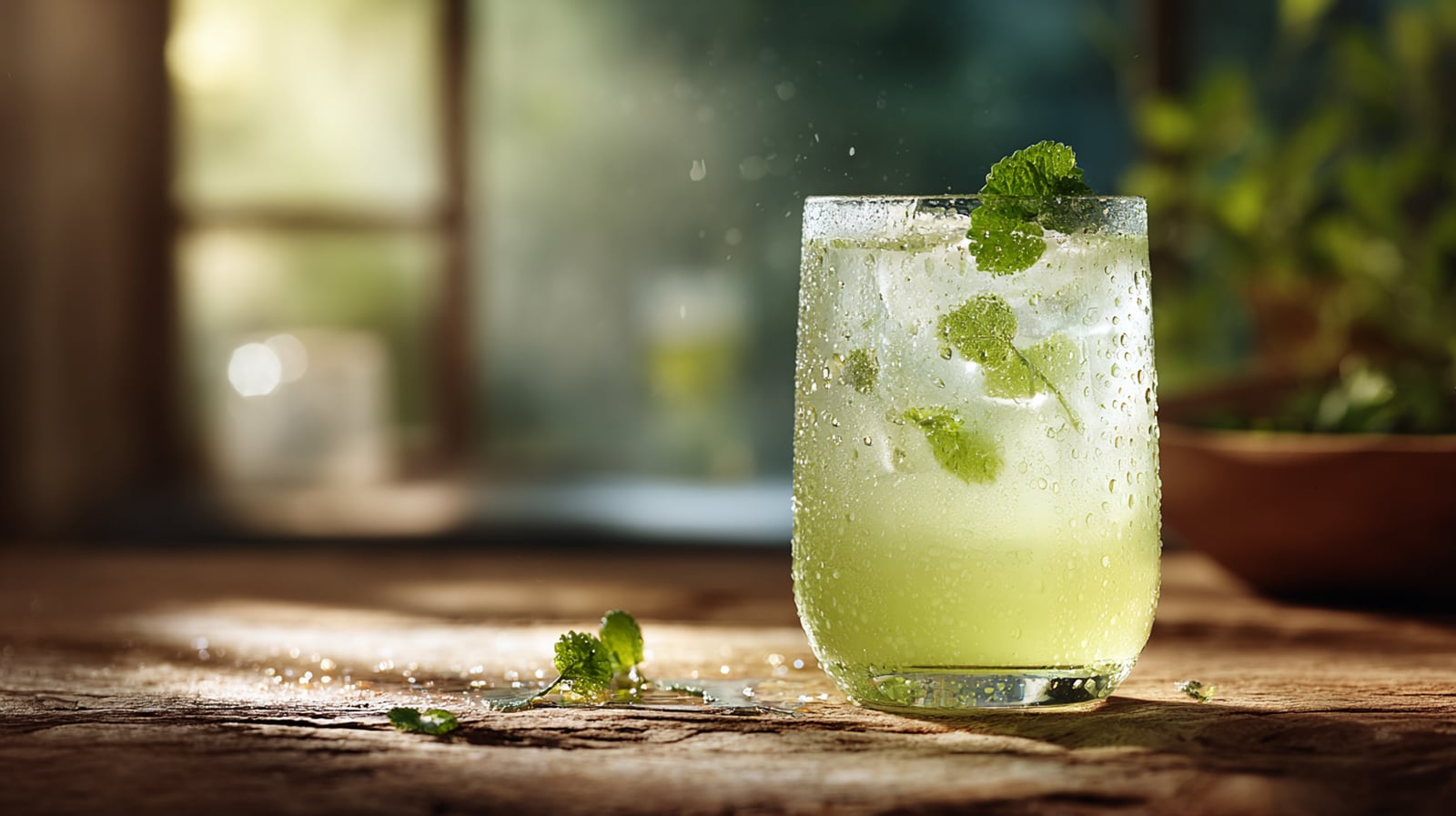 A glass of fresh amla juice, a healthy drink made from Indian gooseberry, garnished with a mint leaf.