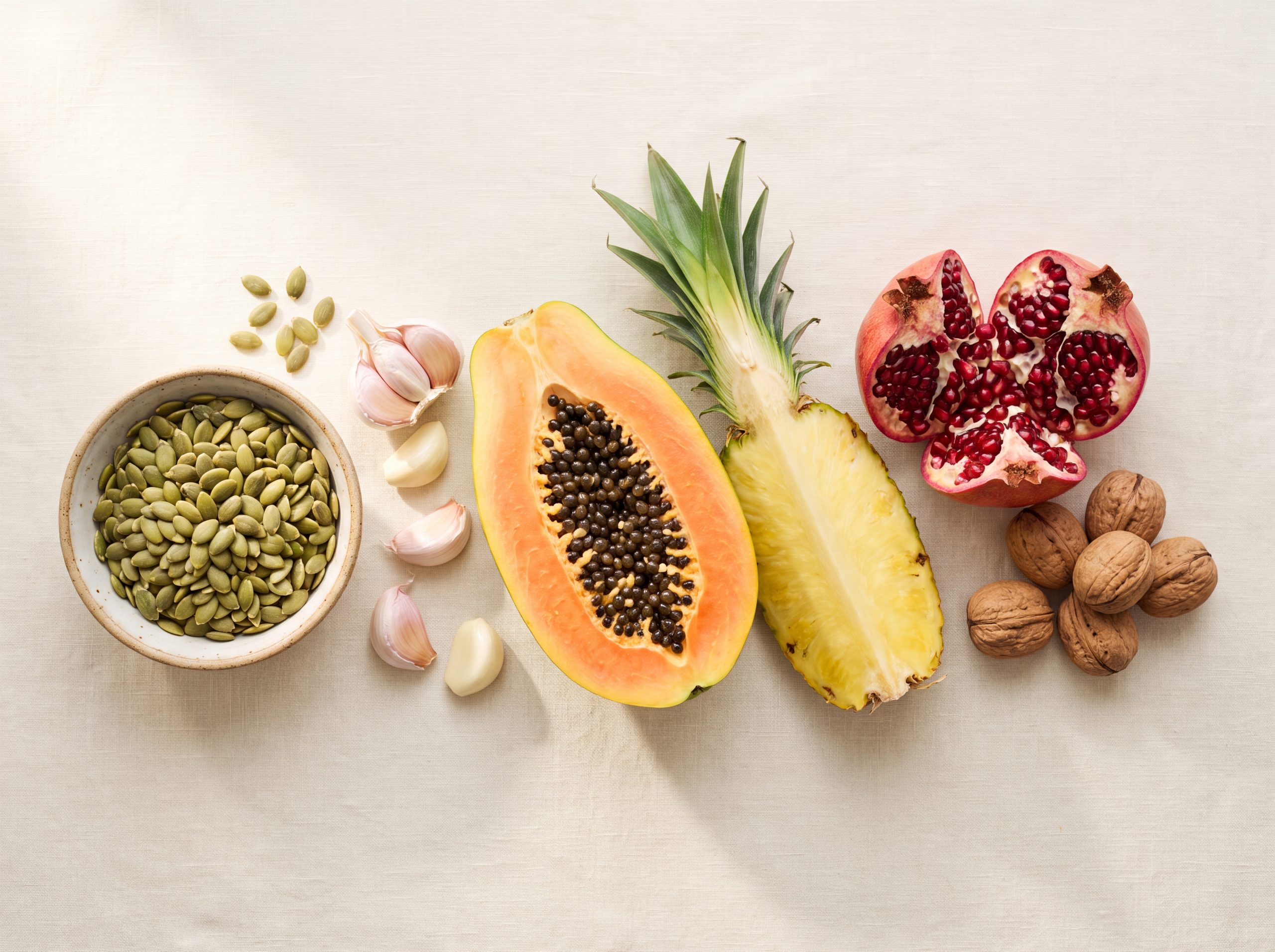Flat lay of antiparasitic foods including pumpkin seeds, garlic, papaya seeds, pineapple, and walnuts