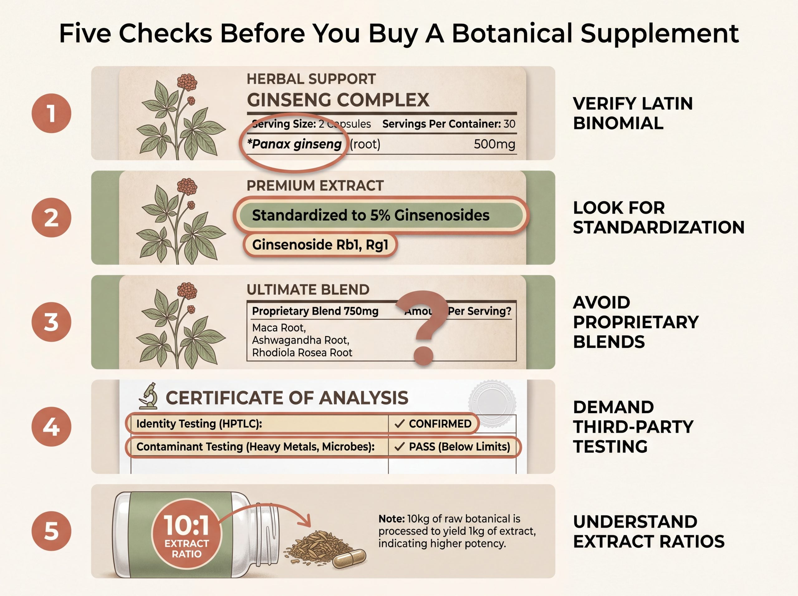 Checklist infographic showing five label checks for verifying a botanical supplement before purchase.