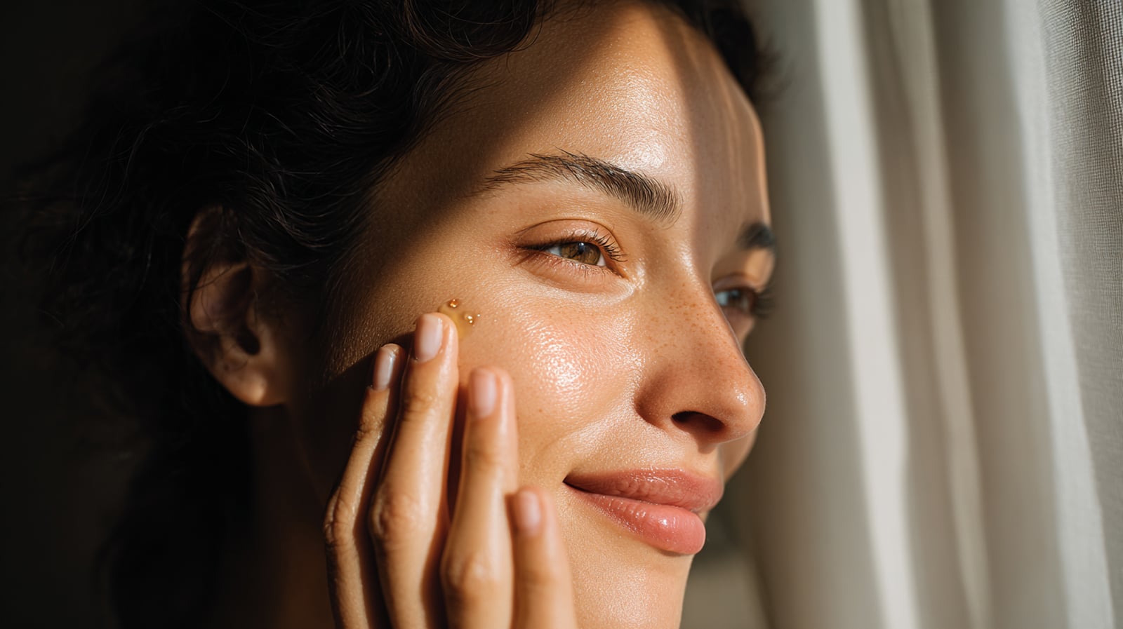 A woman with clear, healthy skin gently pressing a few drops of moringa oil onto her cheek for hydration.
