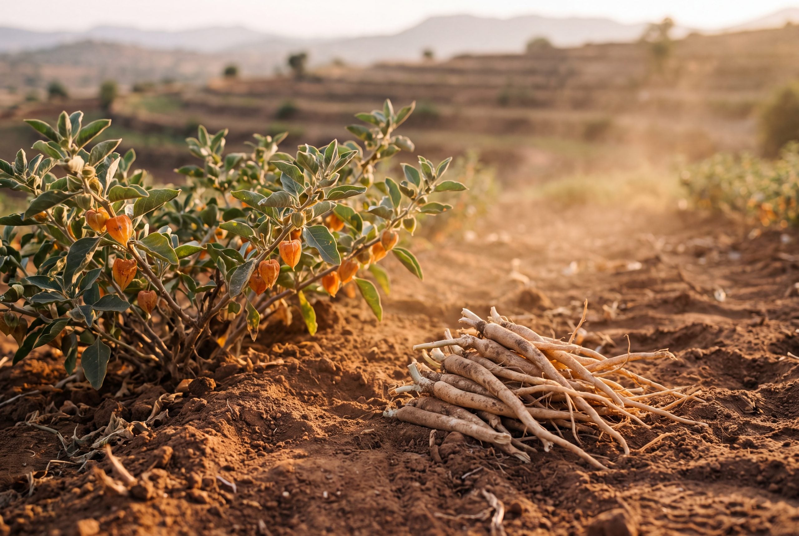 Freshly harvested ashwagandha roots on arid soil beside a Withania somnifera shrub at harvest