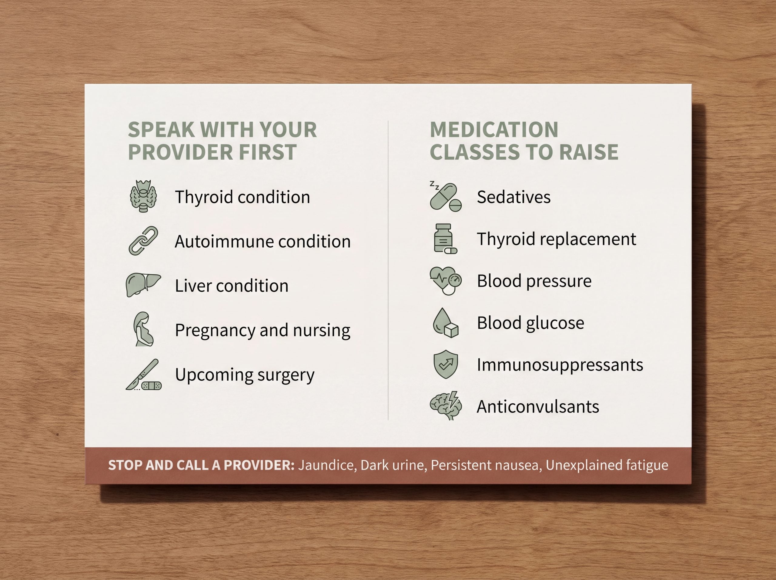 Reference card listing conditions and medication classes to discuss with a provider before taking ashwagandha