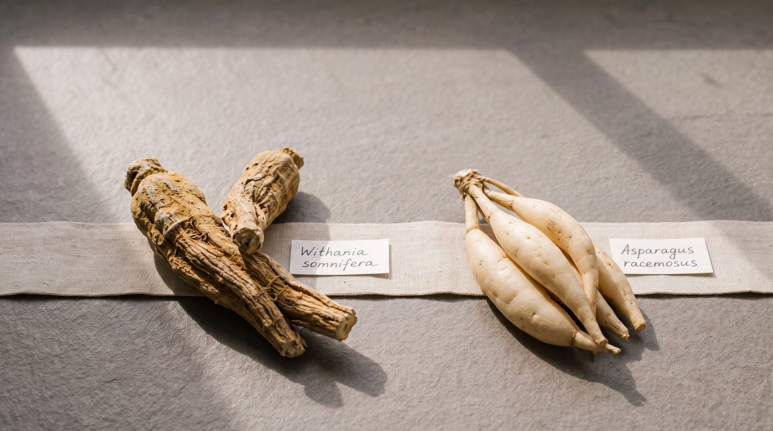 Withania somnifera root beside Asparagus racemosus tubers on grey slate with handwritten Latin name labels