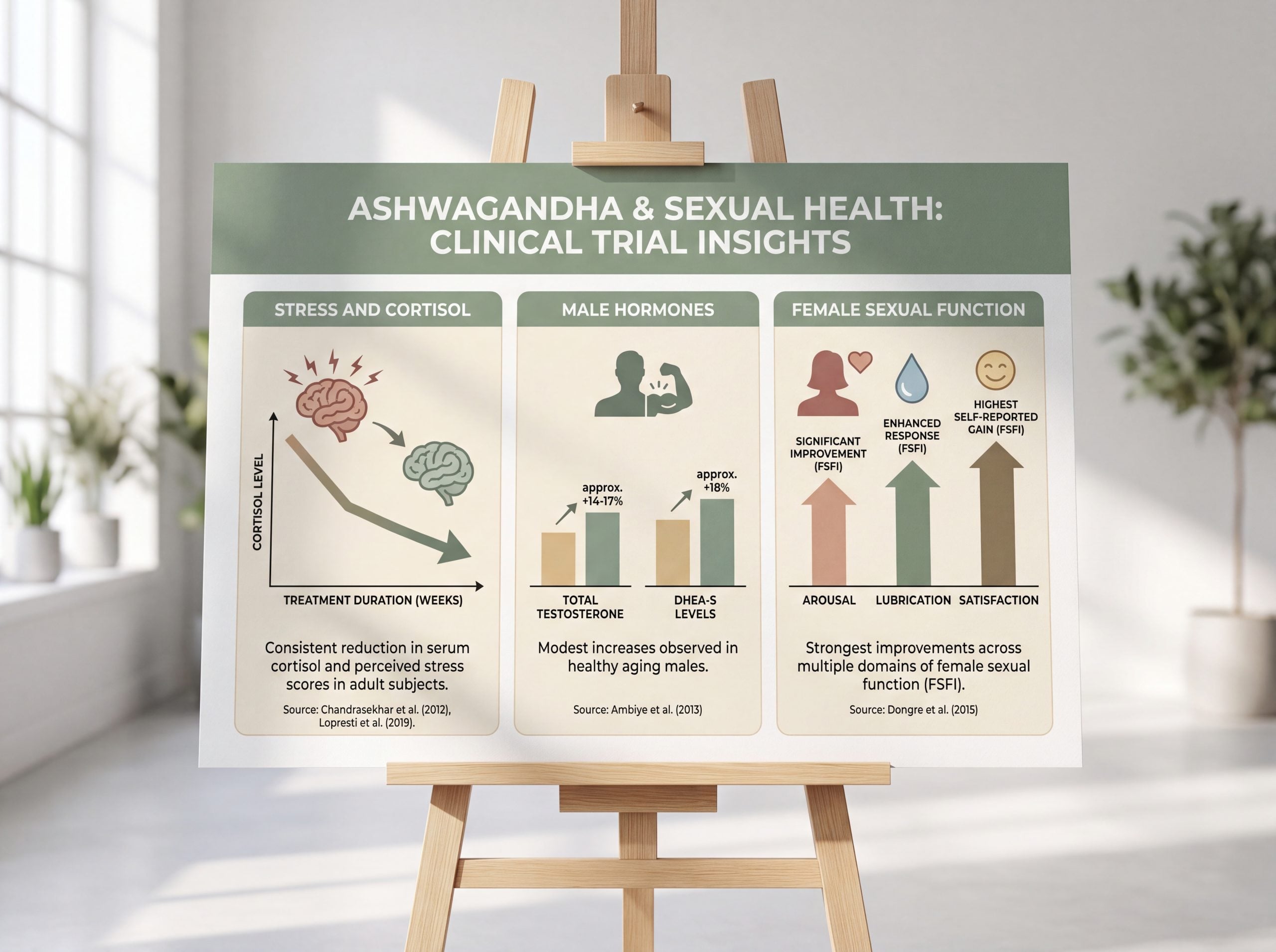 Infographic comparing ashwagandha clinical trial results for stress, male hormones, and female sexual function