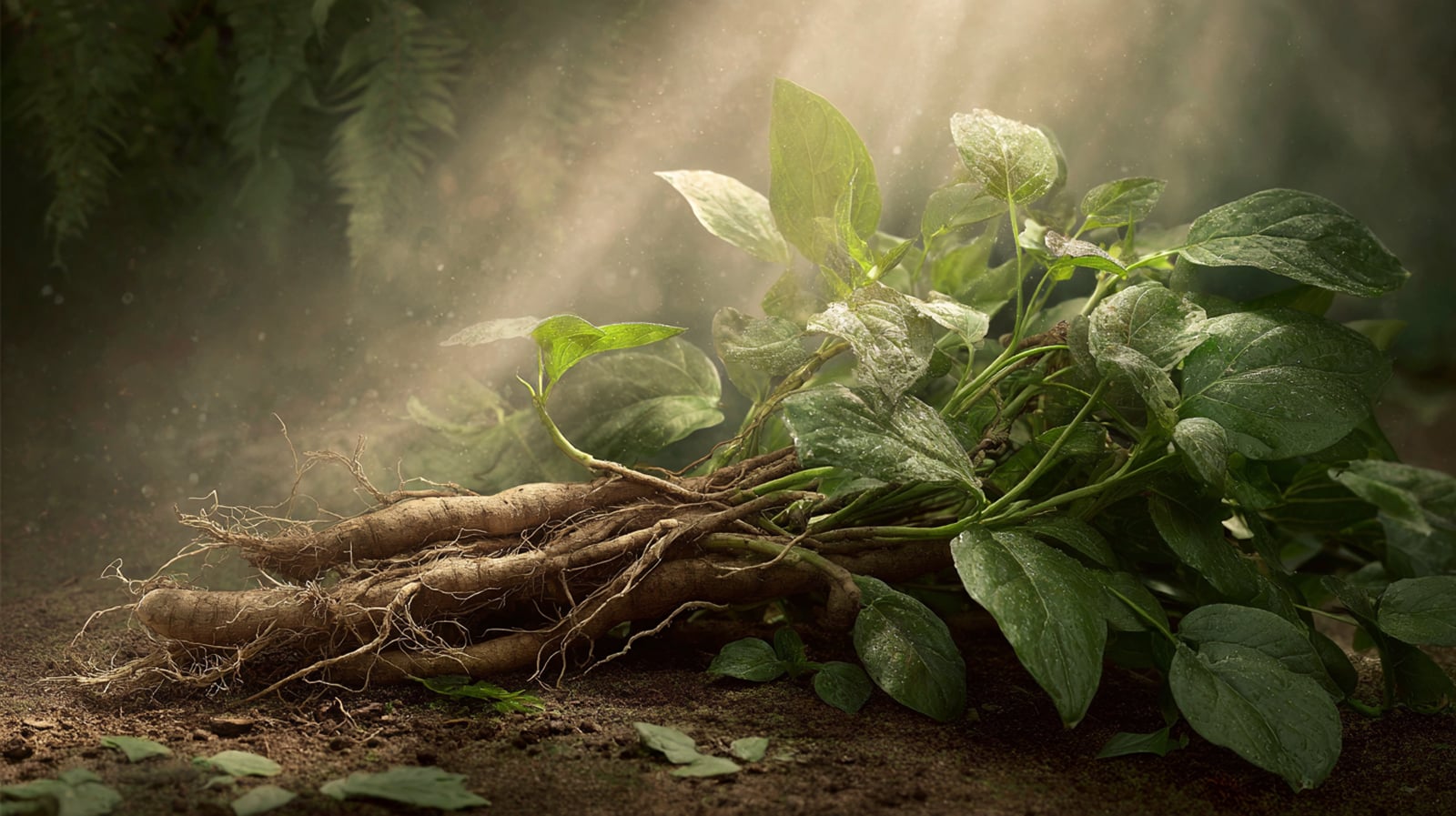 Fresh Withania somnifera plant with harvested ashwagandha root used in traditional Ayurvedic preparation