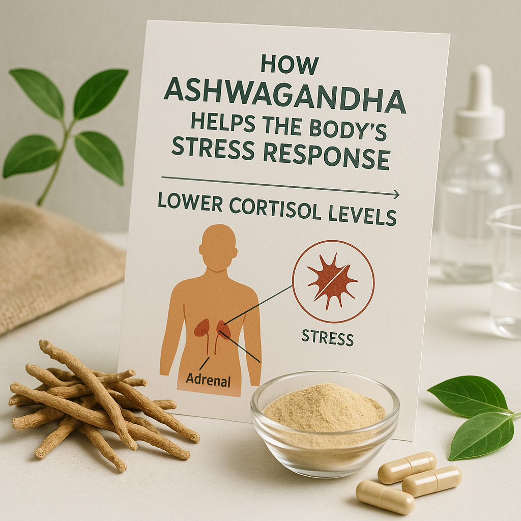 An infographic showing how ashwagandha helps the body's stress response by lowering cortisol levels.