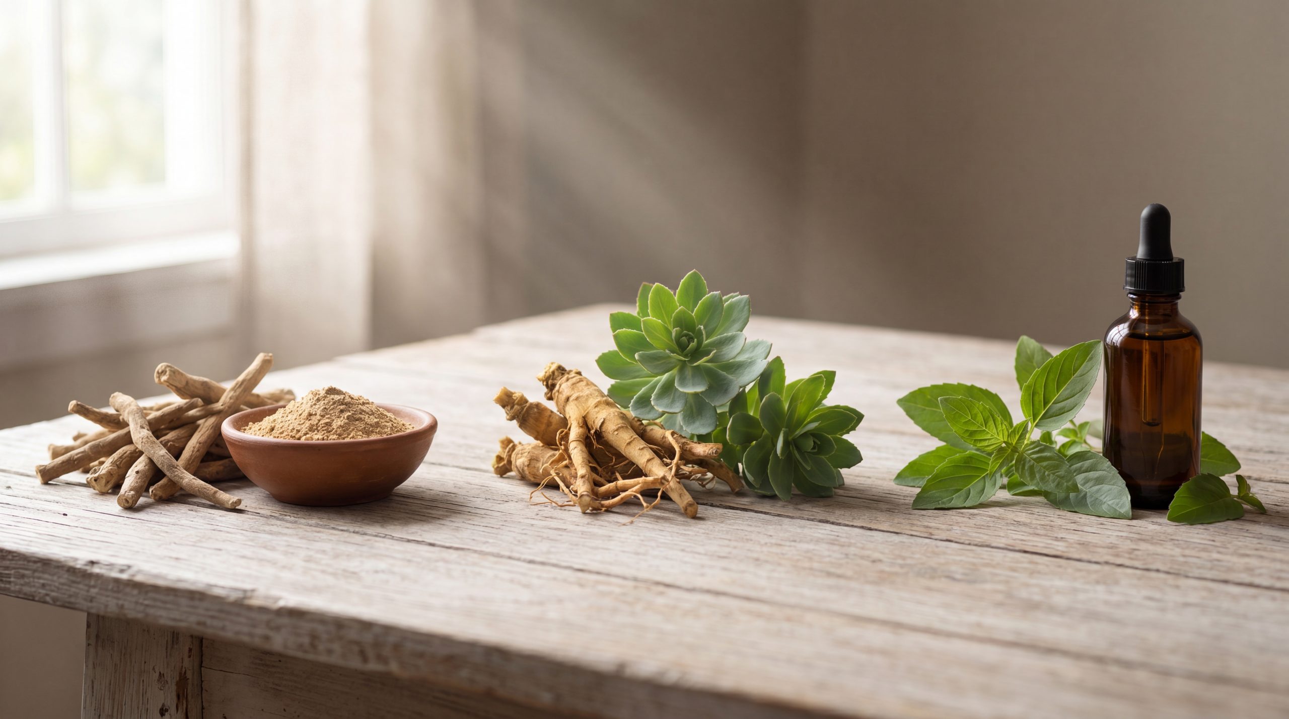 Ashwagandha root and powder, rhodiola root, and holy basil leaves with a tincture bottle on rustic wood - three adaptogens for stress
