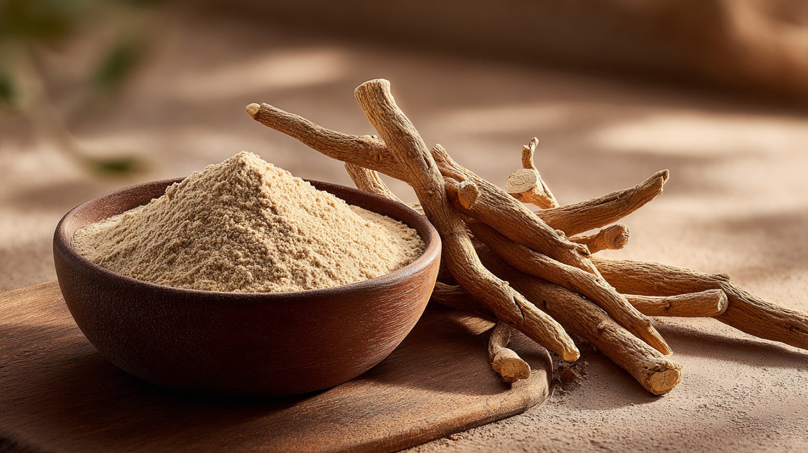 Dried ashwagandha root next to a small bowl of ashwagandha powder, an adaptogenic herb for stress.