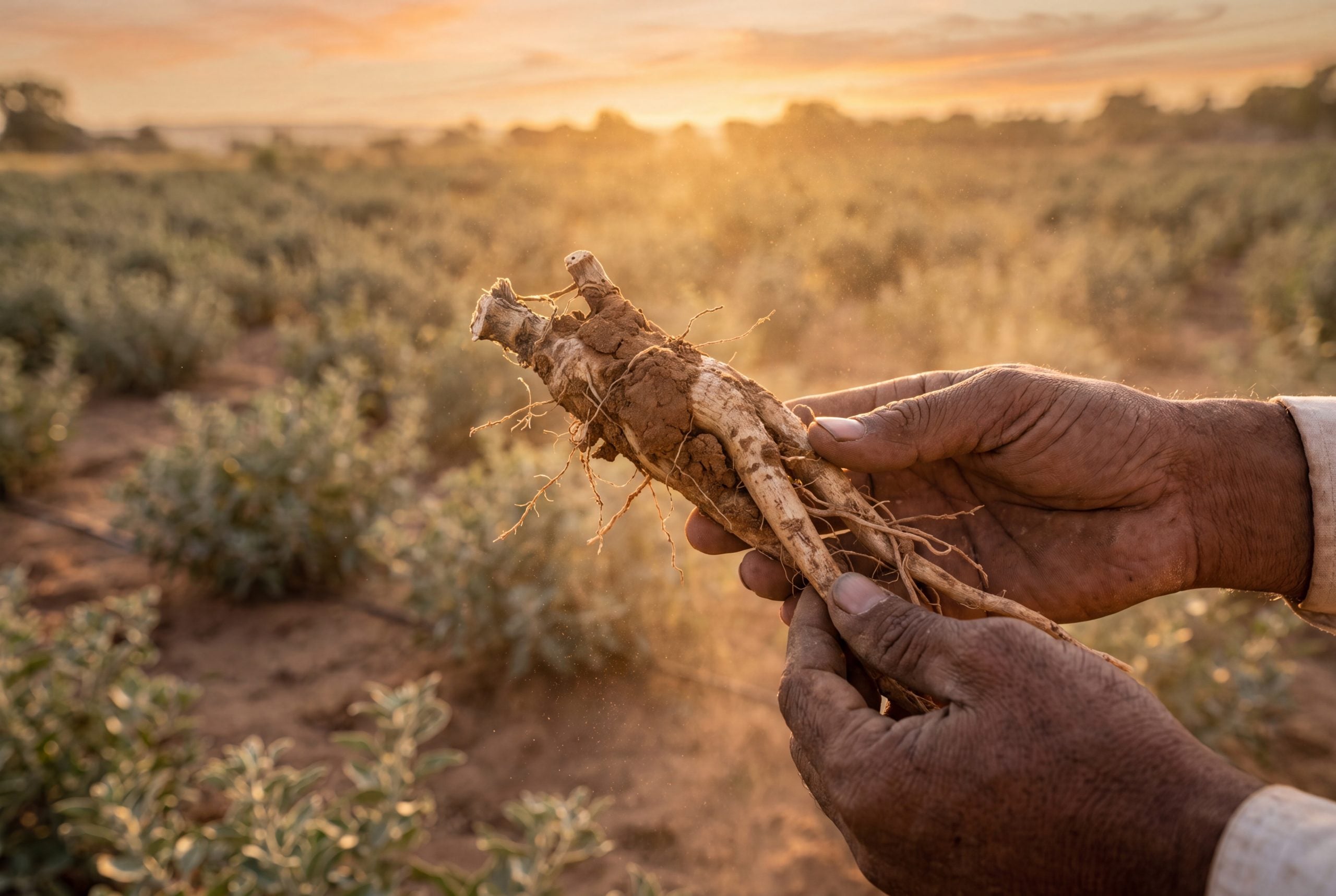 Freshly harvested ashwagandha root held above red soil in a Rajasthan cultivation field