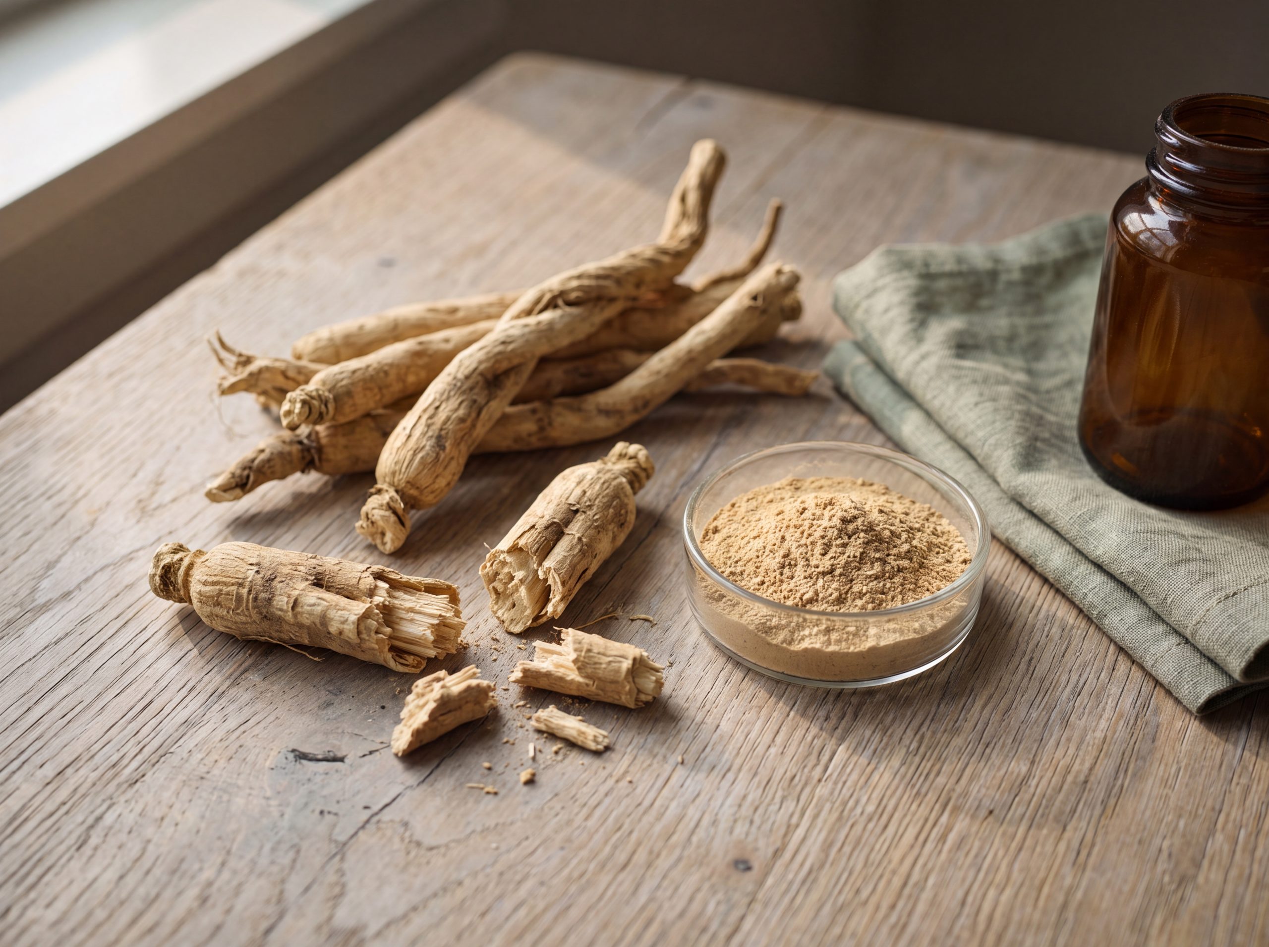 Dried ashwagandha root and milled root powder on oak, showing the difference between whole root powder and standardized extract.