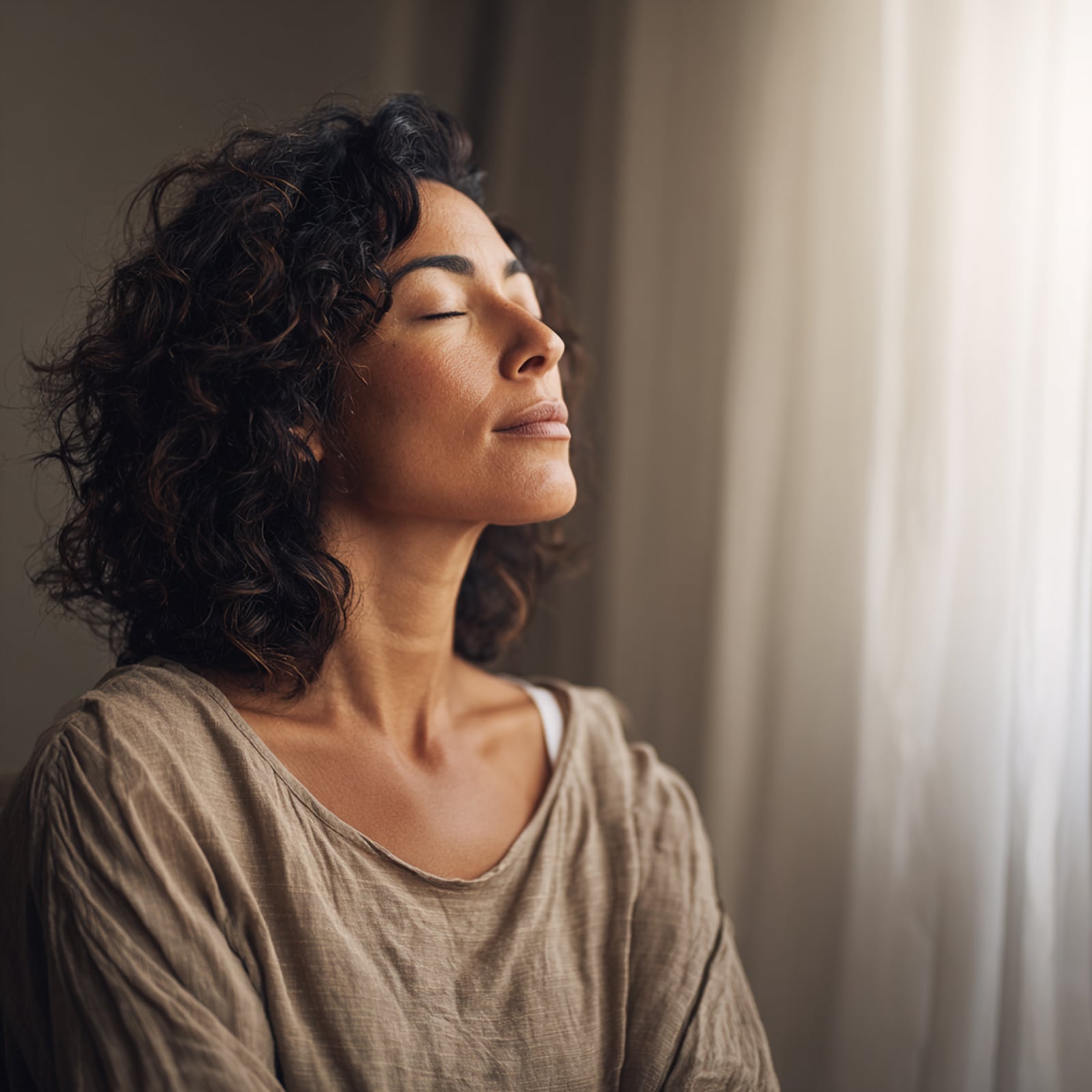 A relaxed woman enjoying a moment of calm, symbolizing how ashwagandha's stress-reducing properties support female sexual health.