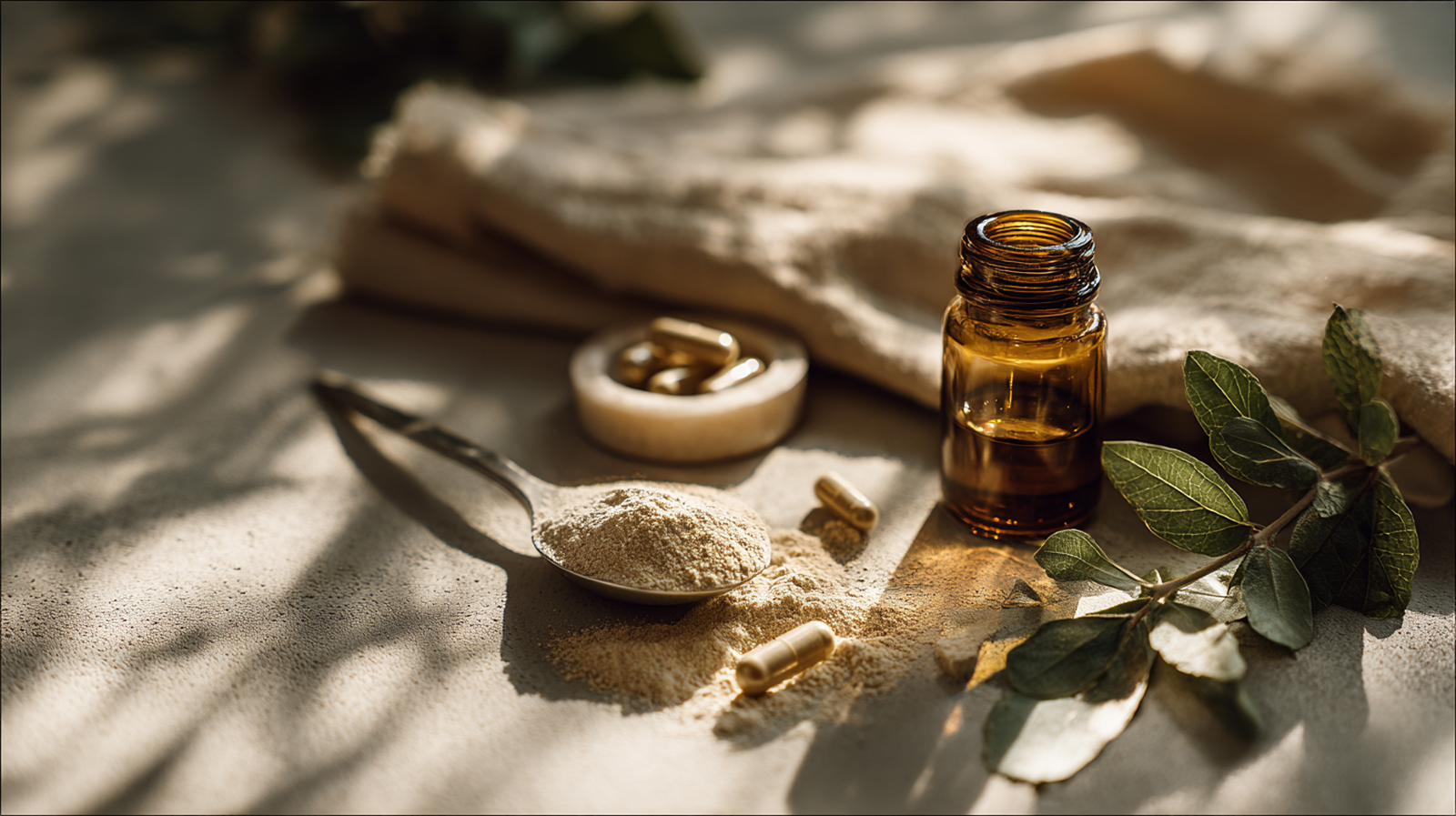 Ashwagandha capsules and powder representing the common supplement forms and the importance of following correct dosage guidelines for safety.