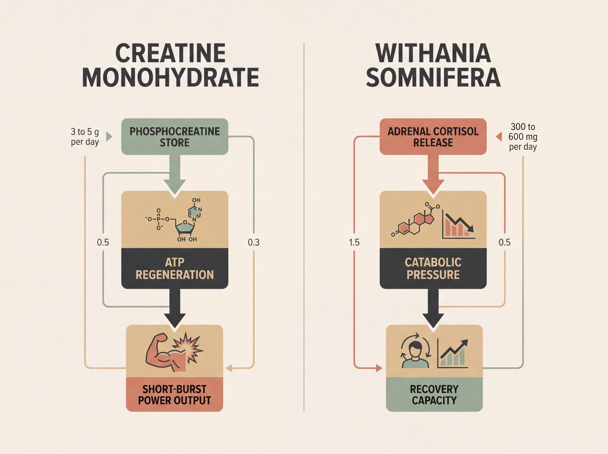 Infographic comparing creatine phosphocreatine ATP pathway against ashwagandha cortisol stress-axis pathway