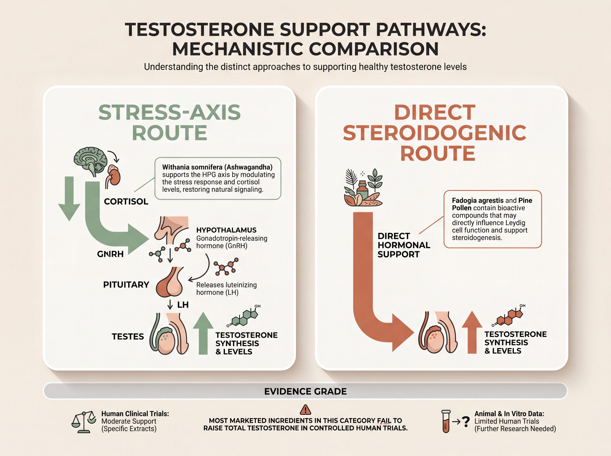 Comparison infographic of ashwagandha's stress-axis mechanism versus the direct steroidogenic mechanism of other testosterone herbs.