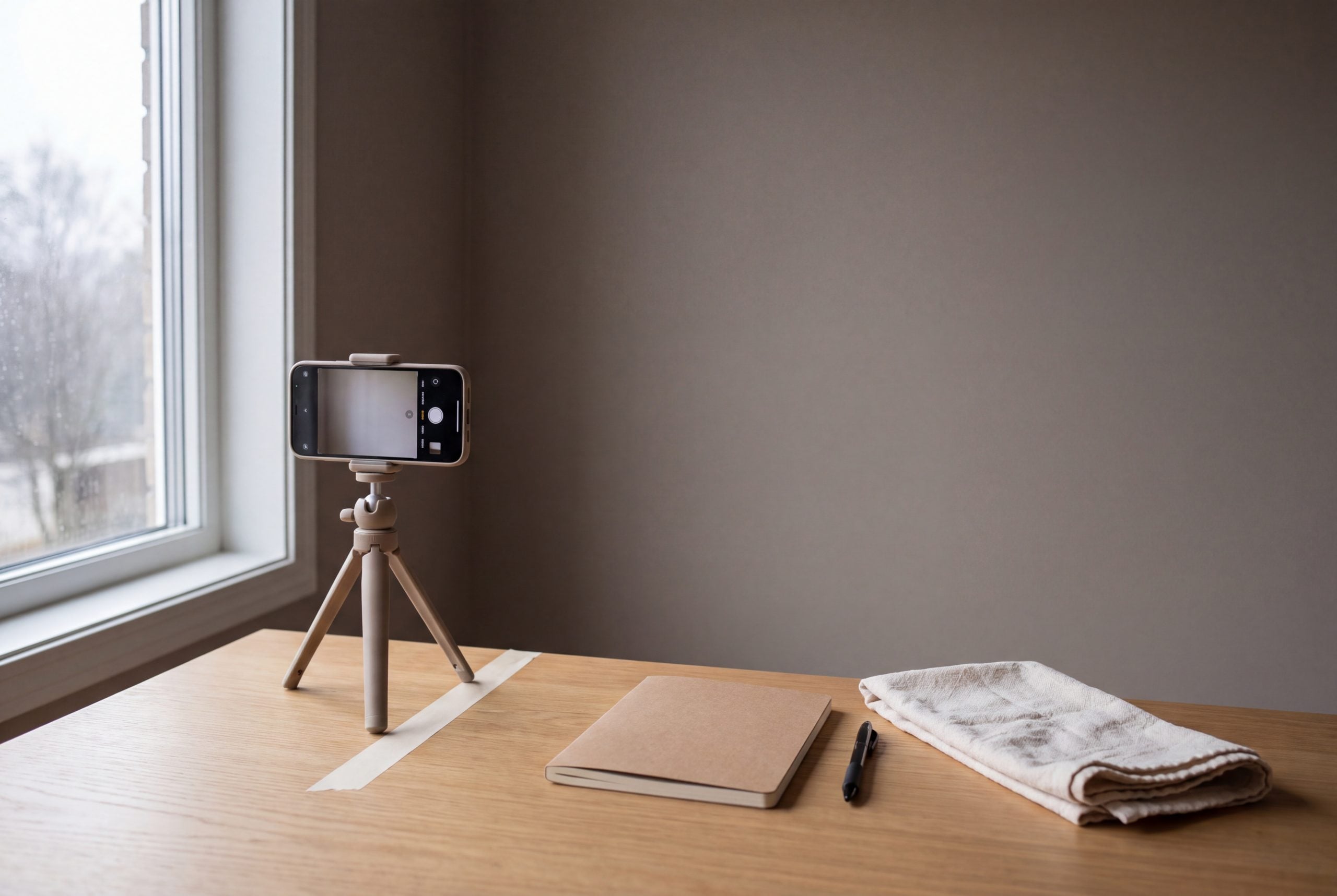 Home setup for astaxanthin before and after photos with a phone on a tripod, marked floor position and window light
