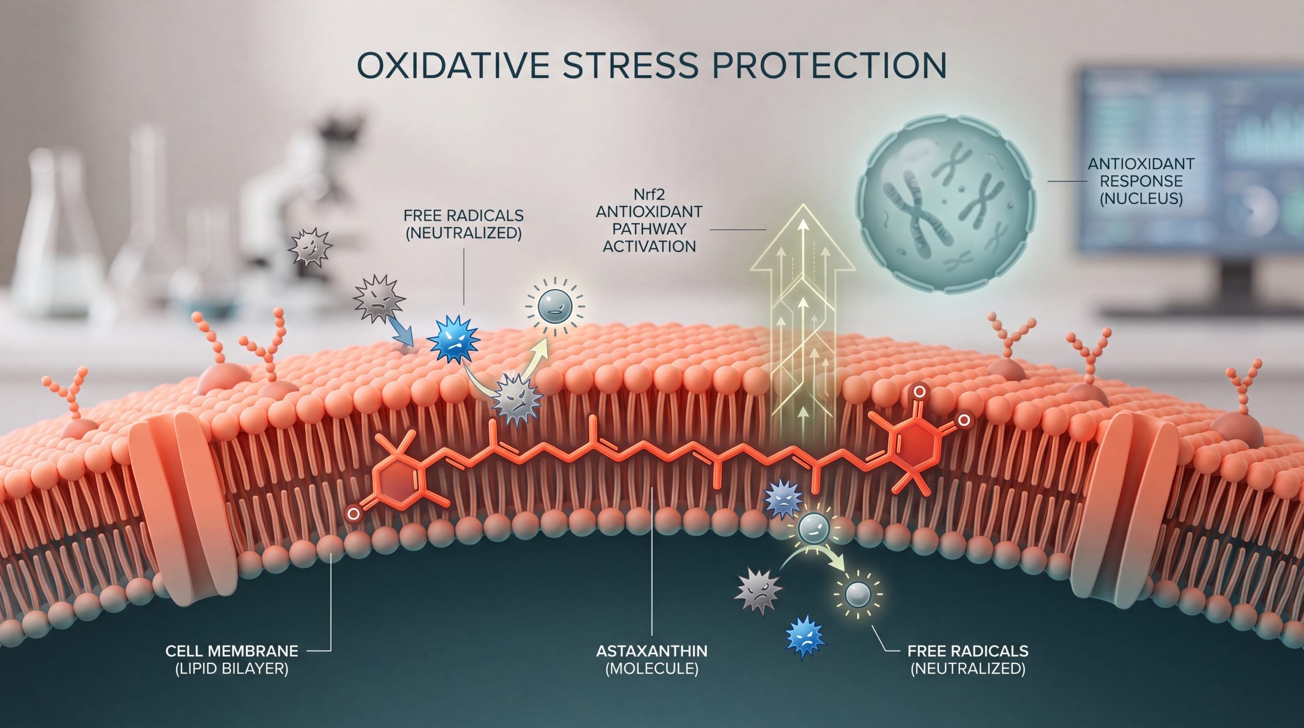 Infographic showing astaxanthin spanning a skin cell membrane to neutralize free radicals and activate the Nrf2 antioxidant pathway