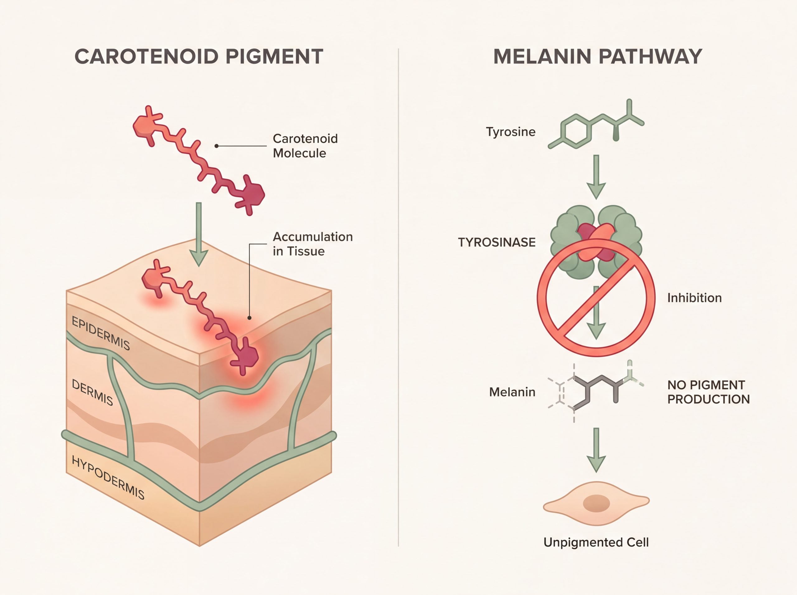 Diagram contrasting astaxanthin carotenoid pigment deposition in skin with the tyrosinase step of the melanin pathway