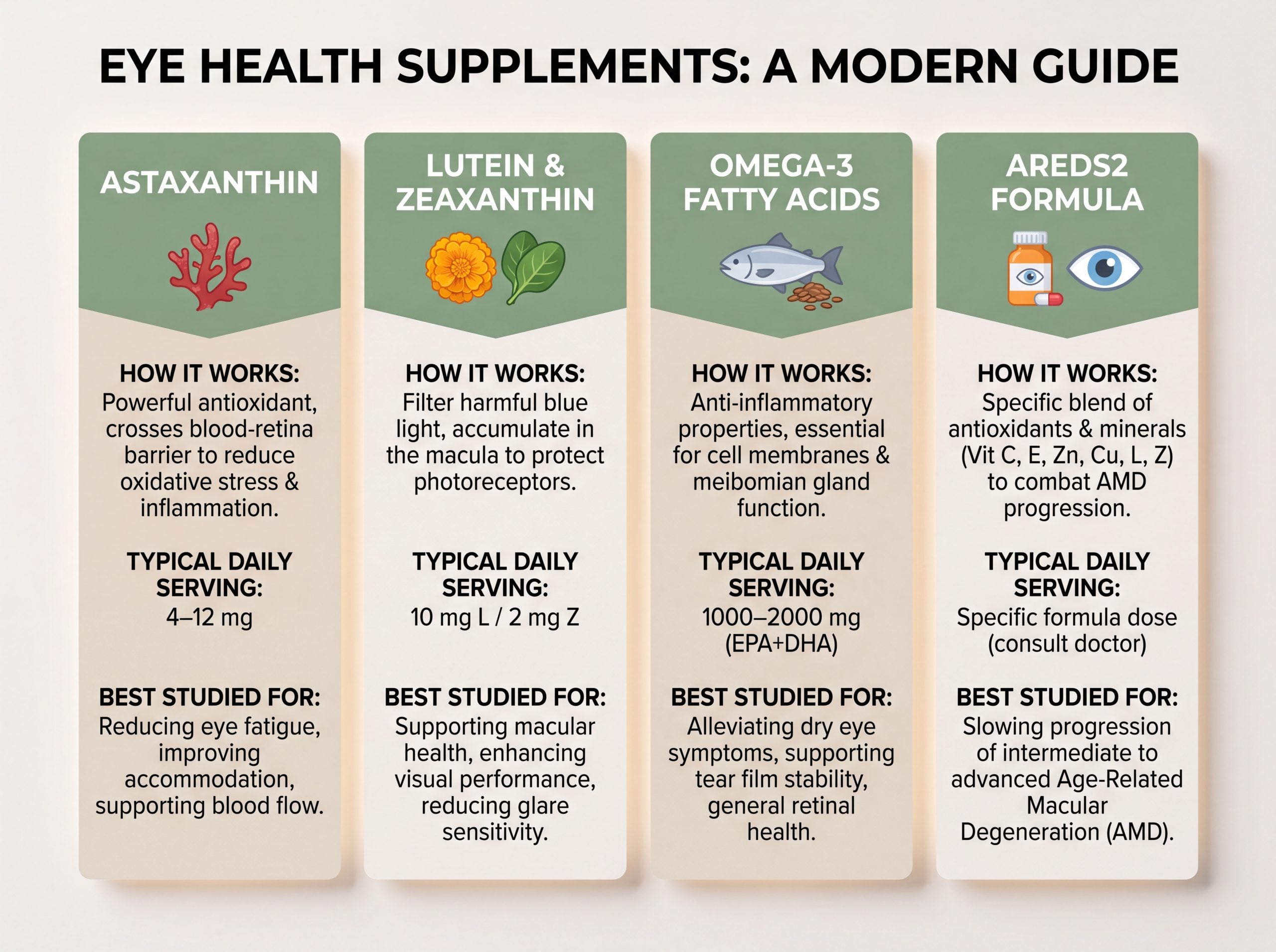 Comparison chart of astaxanthin, lutein and zeaxanthin, omega-3, and AREDS2 for eye health