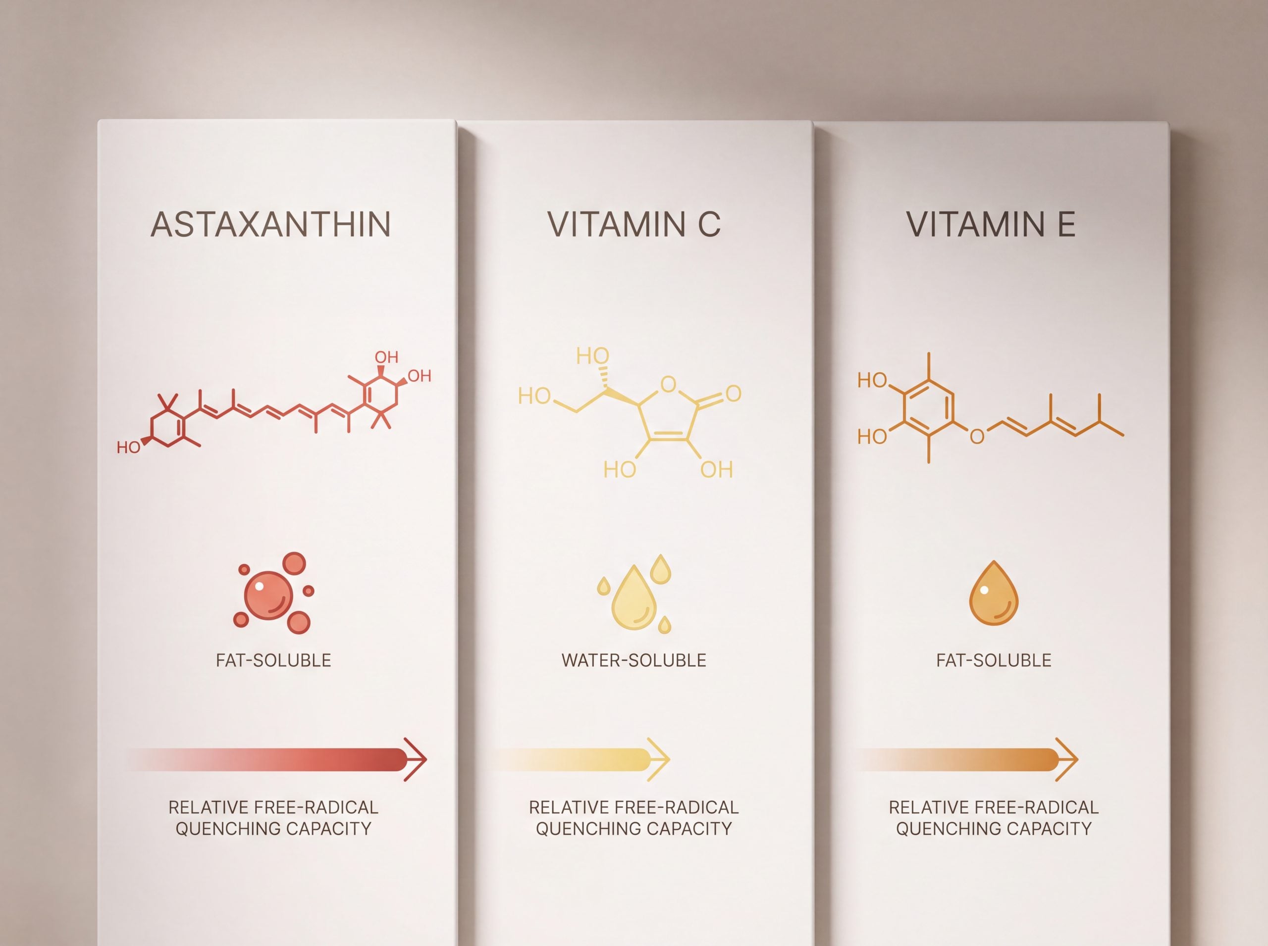 Comparison infographic of astaxanthin, vitamin C, and vitamin E for skin antioxidant support