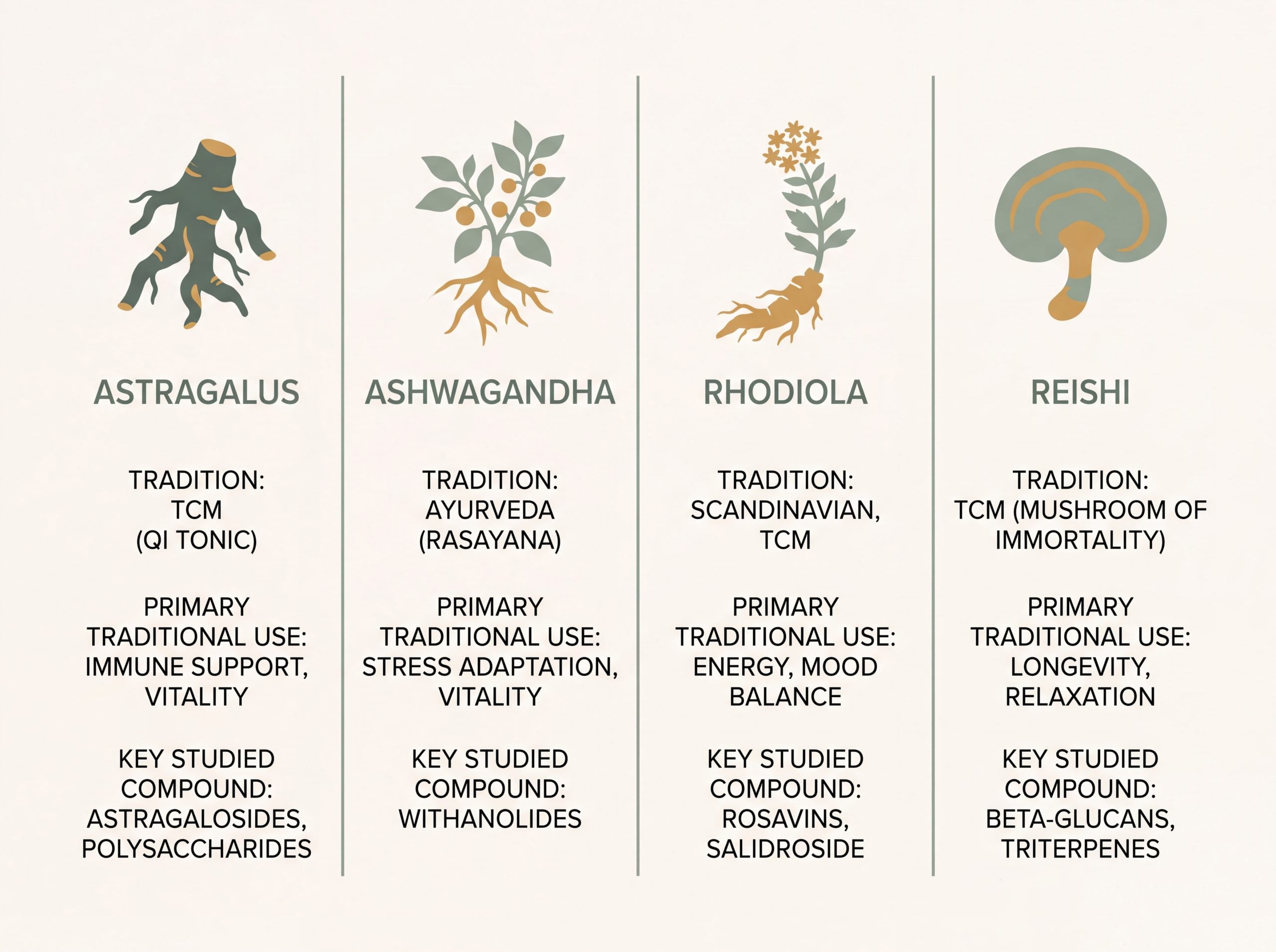 Comparison chart of astragalus, ashwagandha, rhodiola, and reishi by tradition, use, and active compounds.