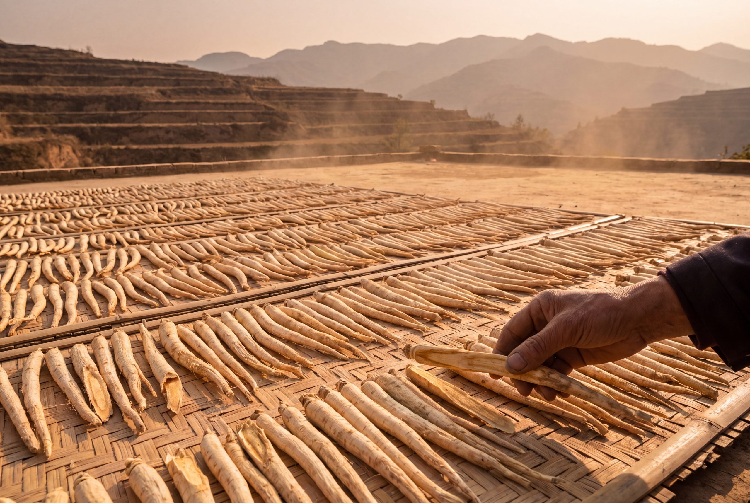 Freshly harvested astragalus roots drying on woven mats in the Hunyuan highlands of Shanxi Province, China.