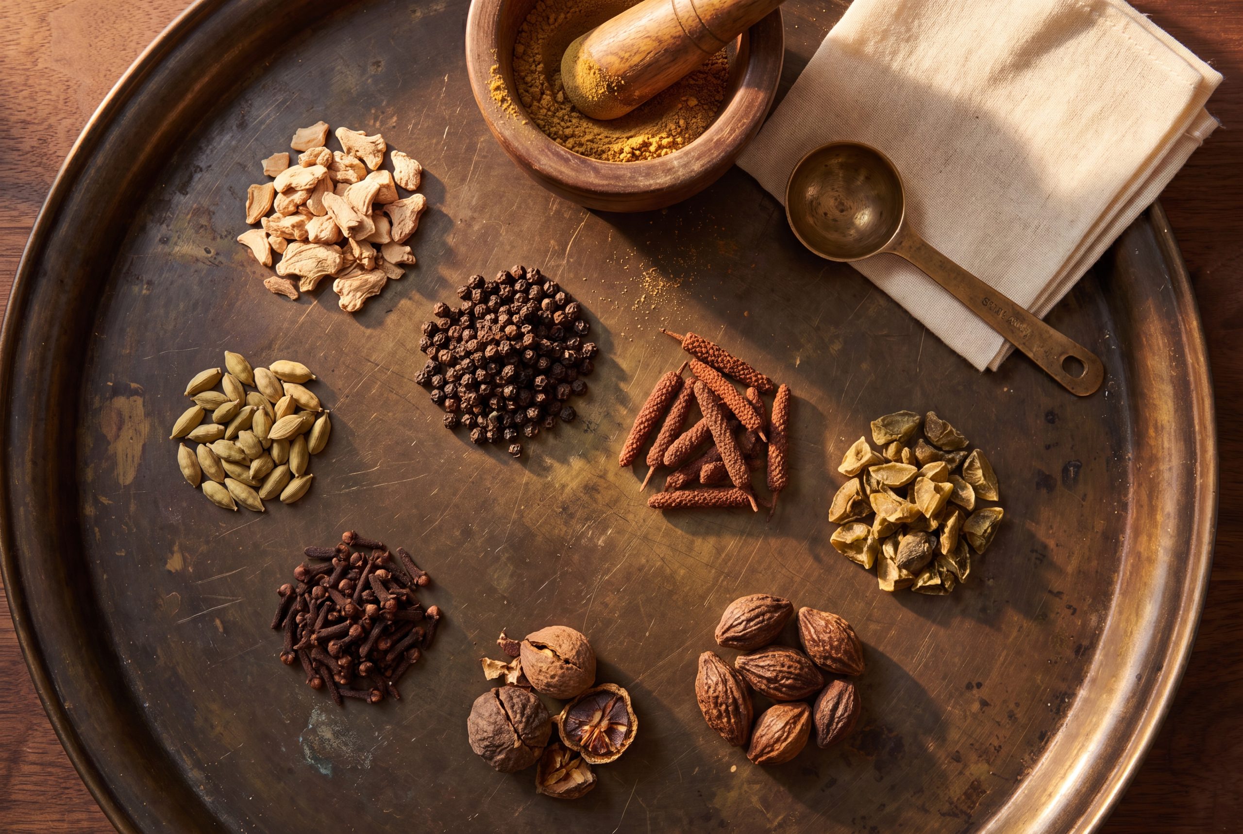 Traditional Avipattikar churna ingredients including ginger, long pepper, amla, haritaki, clove and cardamom on a brass tray