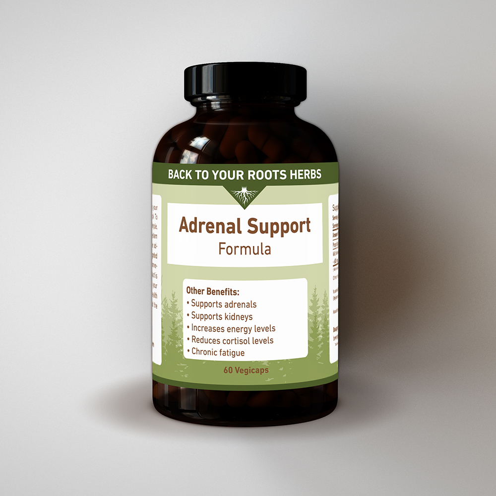 Adrenal Support Capsules Bottle of Back To Your Roots Herbs Adrenal Support Capsules with 60 vegicaps.
