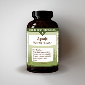 A bottle of Back To Your Roots Herbs Aguaje (Mauritia flexuosa) capsules, a supplement for natural curves and women's hormonal health.