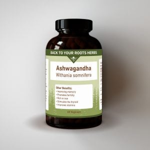 Bottle of Back To Your Roots Herbs Ashwagandha KSM-66 capsules with 60 vegicaps.