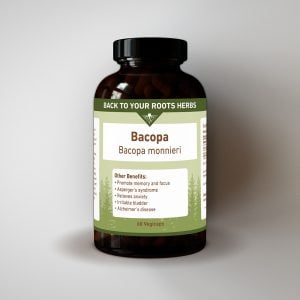 A brown glass bottle of Back To Your Roots Herbs Bacopa Monnieri capsules with a green and white label on a neutral background.