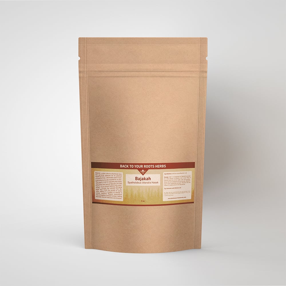 Bajakah Powder A brown kraft stand-up pouch of Back To Your Roots Herbs Bajakah Powder, showing the product label with its name, Spatholobus littoralis Hassk.
