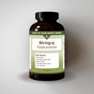 A bottle of Back To Your Roots Herbs Bhringraj Eclipta prostrata capsules for hair health support.