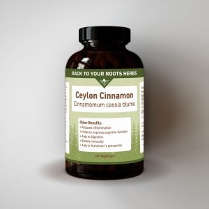 Back To Your Roots Herbs bottle of 60 Ceylon Cinnamon capsules.