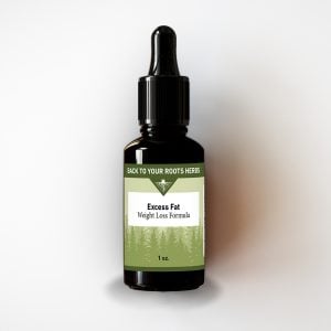 A 1 oz bottle of Back To Your Roots Herbs Excess Fat Tincture, a liquid weight loss formula for metabolic support.
