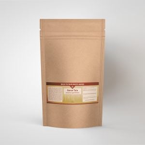 A brown kraft paper pouch of Back To Your Roots Herbs Goron Tula Powder, with a label showing the scientific name Anzanza garckeana.