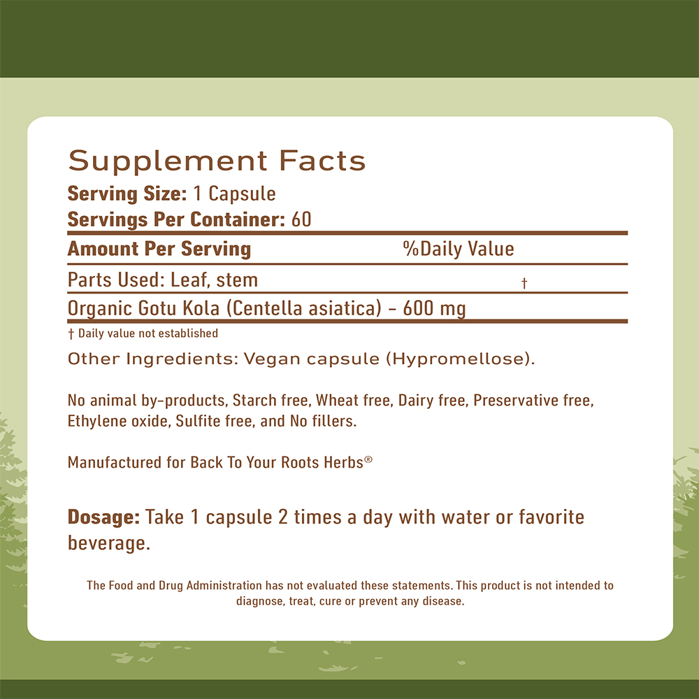 Gotu Kola Capsules Supplement facts label for Back To Your Roots Herbs Gotu Kola, showing 600mg of Organic Centella asiatica per vegan capsule.