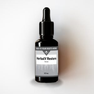 A 0.5 oz. bottle of HerbalV Restore vaginal serum by Back To Your Roots Herbs, a natural formula for feminine wellness and hydration, shown on a white background.