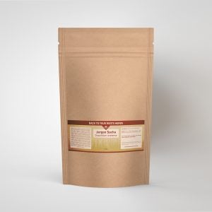 A brown kraft pouch of Back To Your Roots Herbs Jergon Sacha Powder, with the label showing the botanical name Dracontium loretense.