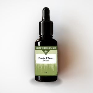 A 2 oz bottle of Back To Your Roots Herbs Parasite & Worms Formula, a herbal parasite and worm cleanse tincture with a forest design on the label.